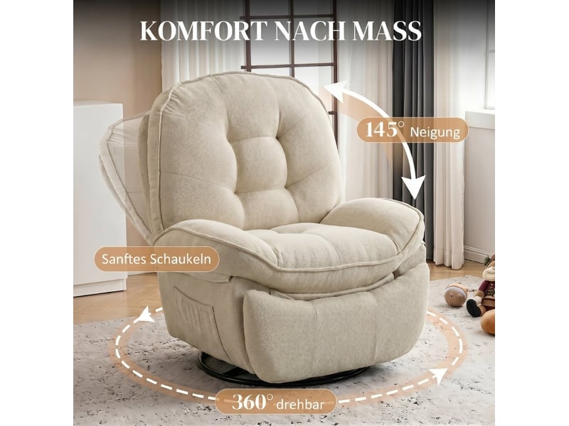  Fauteuil relax pivotant 360° avec bascule et inclinaison manuelle, repose-pieds, beige  - Conforama D