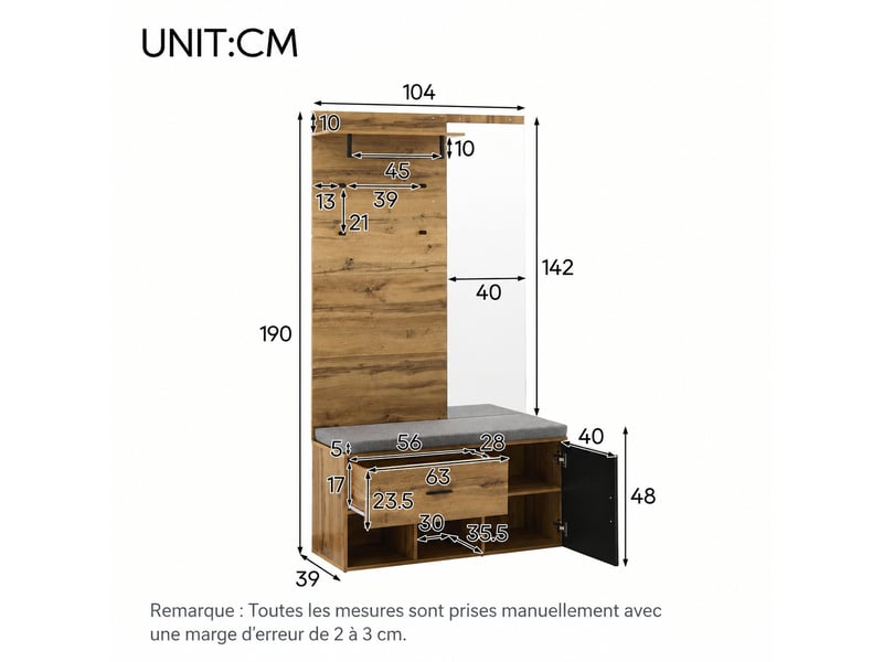  Meuble d’entrée avec miroir, banc rembourré, rangement et penderie 104 x 39 x 190 cm, chêne  - Conforama E