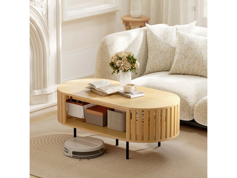  Table basse ovale, table de salon avec rangement, coins arrondis, design lattes, 100 x 50 x 40 cm, effet bois naturel  - Conforama A