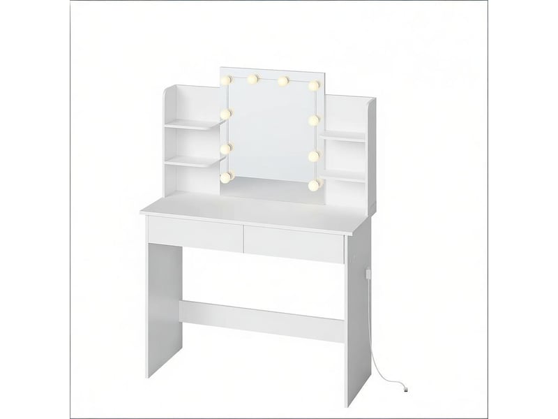  Coiffeuse avec miroir led, 2 tiroirs et 4 étagères, blanc, 90 x 40 x 135 cm T5828P498865 - Conforama A