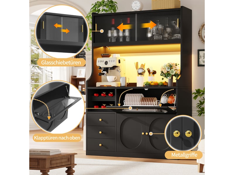  Buffet de cuisine 120x40x180 cm - 5 portes, 3 tiroirs, rangement à vin, plan de travail et éclairage led - noir  - Conforama R