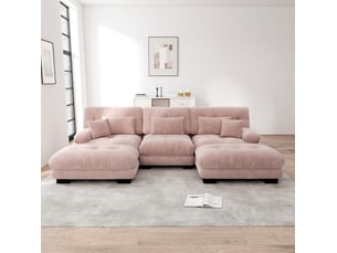 Canapé d’angle modulaire u 313x145x81 cm convertible avec ottoman en chenille rose