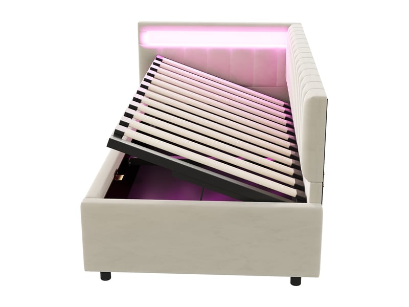  Lit coffre 90x200 cm avec led multicolore, velours, beige, sans matelas  - Conforama E