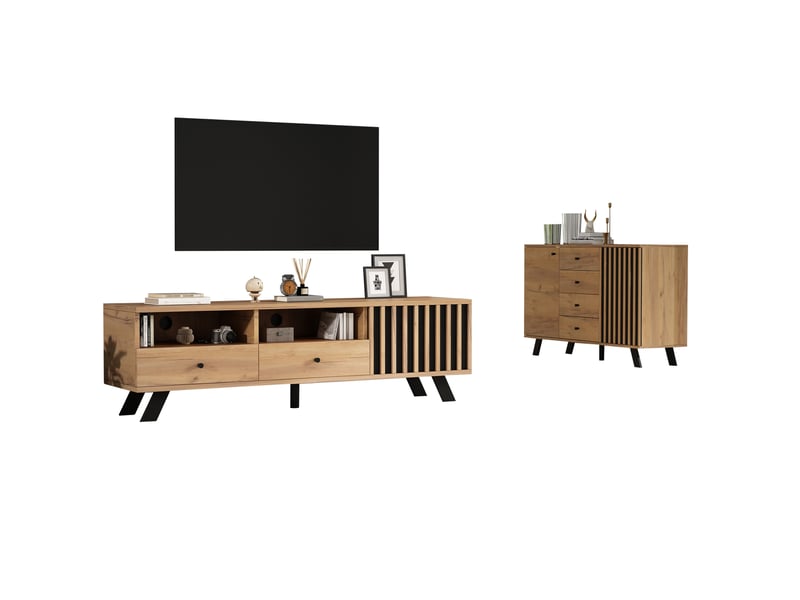  Ensemble meuble tv et buffet modenvie 150 x 38 x 44 cm et 120 x 38 x 75 cm bois naturel et noir  - Conforama A