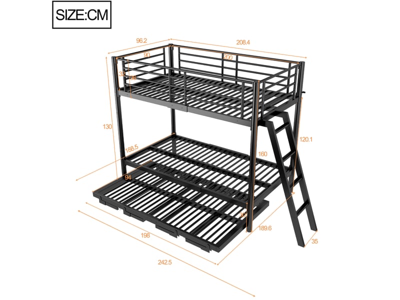  Lit superposé 90x200 cm avec lit gigogne, métal noir  - Conforama C