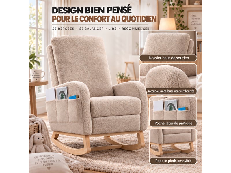  Fauteuil à bascule avec repose‑pieds, fauteuil d’allaitement en tissu teddy beige, dossier haut ergonomique, poche latérale, chaise relax pour salon, chambre et espace bébé  - Conforama B