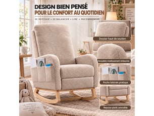 Fauteuil à bascule avec repose‑pieds, fauteuil d’allaitement en tissu teddy beige, dossier haut ergonomique, poche latérale, chaise relax pour salon, chambre et espace bébé