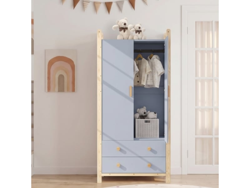 Armoire de rangement - merax - armoire chambre 2 portes avec 2 tiroirs et penderie - bleu &amp; pin naturel - 90×45×180 cm  - Conforama C