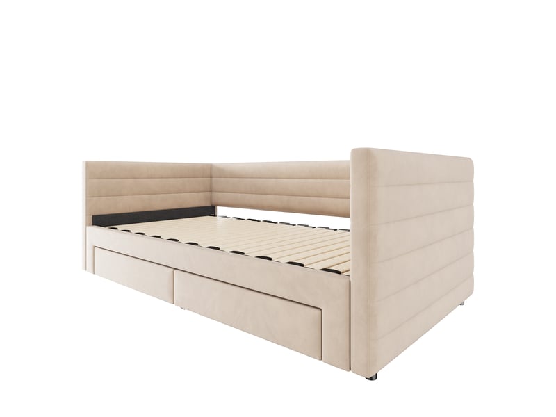Lit banquette 90x190 cm – beige – extensible 180x190 cm, 2 tiroirs, sommier à lattes, sans matelas - Conforama E