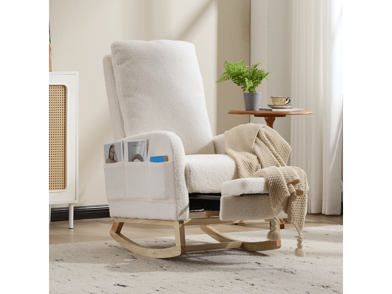 Fauteuil à bascule ergonomique en polaire douce et confortable, avec dossier haut, base en bois incurvée, blanc, réf. T6011p603666 - Conforama B