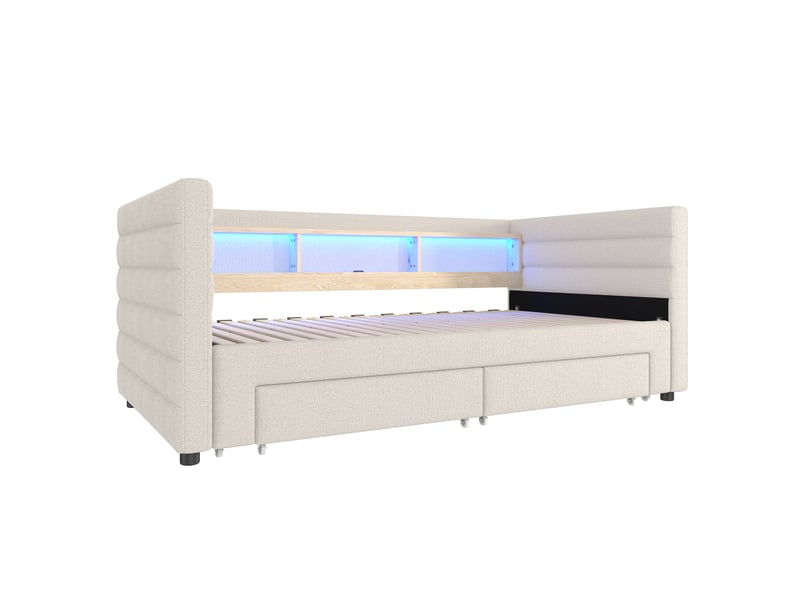  Lit de jour convertible, 90 × 190 cm, multifonctionnel, avec ports usb et type-c, deux tiroirs, plusieurs compartiments de rangement, éclairage led, sans matelas, velours, beige  - Conforama E