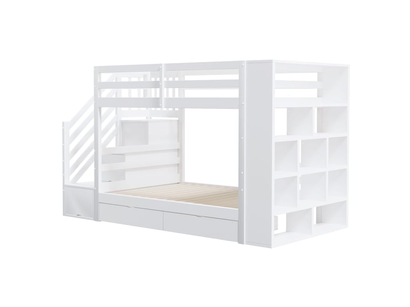  Lit superposé enfant 90x200 cm – blanc – escalier sécurisé, tiroirs et rangement - sans matelas  - Conforama E