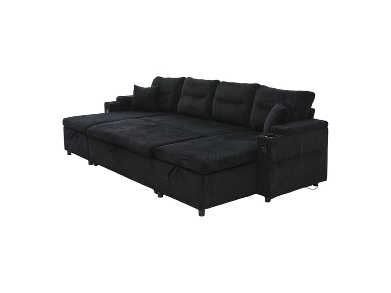  Canapé d'angle convertible 4 places en velours côtelé noir 272x136x86 cm avec rangement, usb-c et porte-gobelets 272x136x86cm - Conforama A