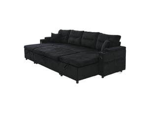 Canapé d'angle panoramique convertible NECHE 272x136x86cm 4 places Velours côtelé noir avec coffre de rangement