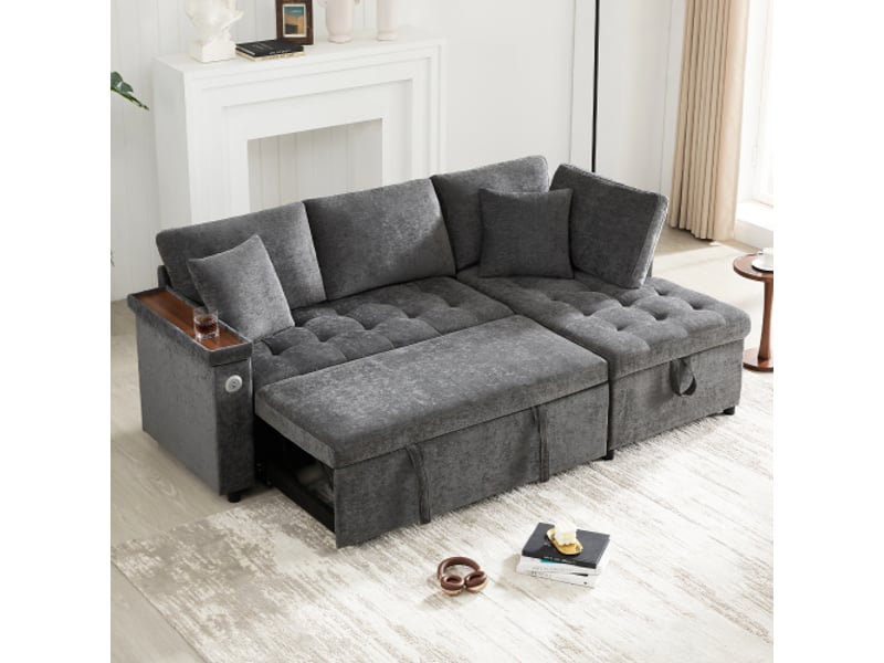 Canapé d'angle convertible 3 places avec coffre, usb, porte-gobelet et 2 coussins en chenille gris foncé - Conforama B
