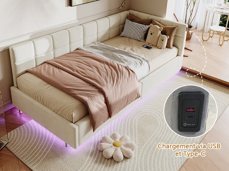  Lit coffre 90x200 avec rangement hydraulique, canapé lit 1 place avec éclairage led et port usb, cadre de lit flottant beige velours  - Conforama R