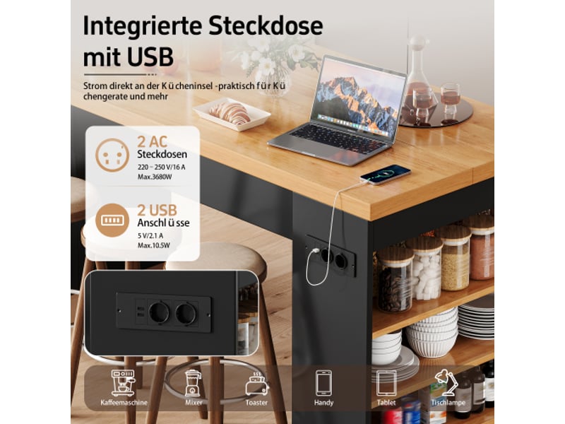  Îlot de cuisine 155x80x90 cm avec éclairage led et prises 2 ac + 2 usb, plateau 40 mm, mdf, noir et naturel  - Conforama W