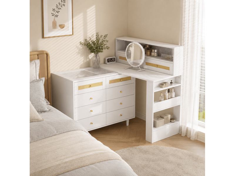  Coiffeuse adulte 105x50x107,5 cm avec miroir, 10 tiroirs, plateau en verre trempé, mdf blanc, pour chambre et dressing  - Conforama E