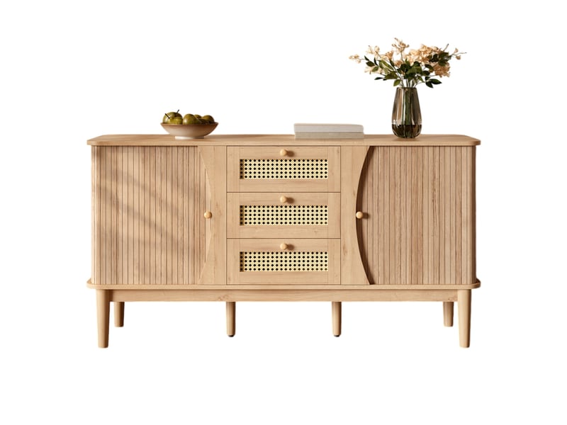  Commode en rotin 3 tiroirs et 2 portes coulissantes, 141 x 40 x 77 cm, étagères réglables et plateau arrondi, couleur naturel  - Conforama A