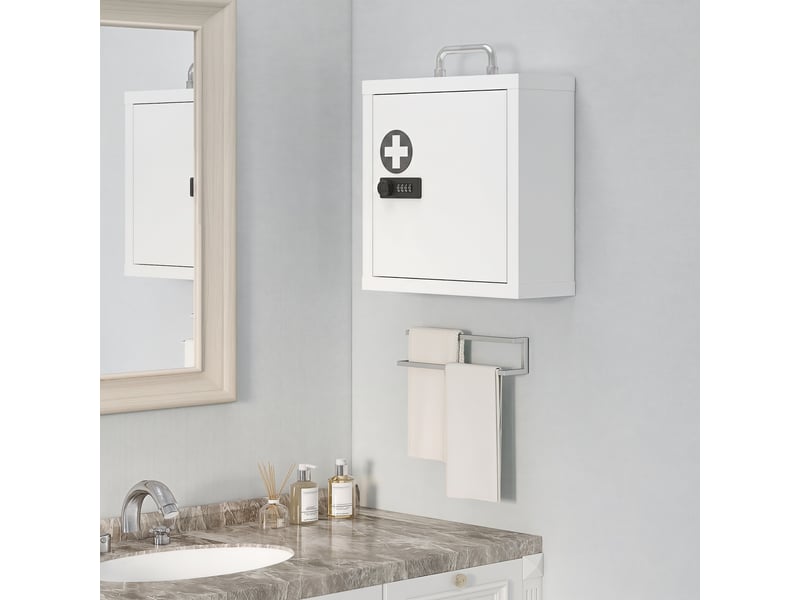  Armoire à pharmacie murale avec serrure à combinaison, armoire de premiers secours à 2 niveaux en acier inoxydable, blanche  - Conforama D