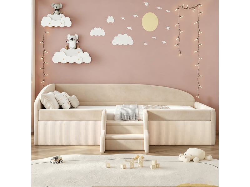  Lit simple rembourré 90x190 cm coloris beige velours  - Conforama D