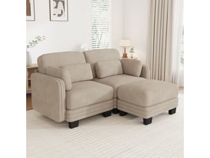 Canapé d’angle modulable 176 cm 2 places avec ottoman, coussins d’accoudoir amovibles, coussins lombaires épais à soutien renforcé, chenille, marron clair