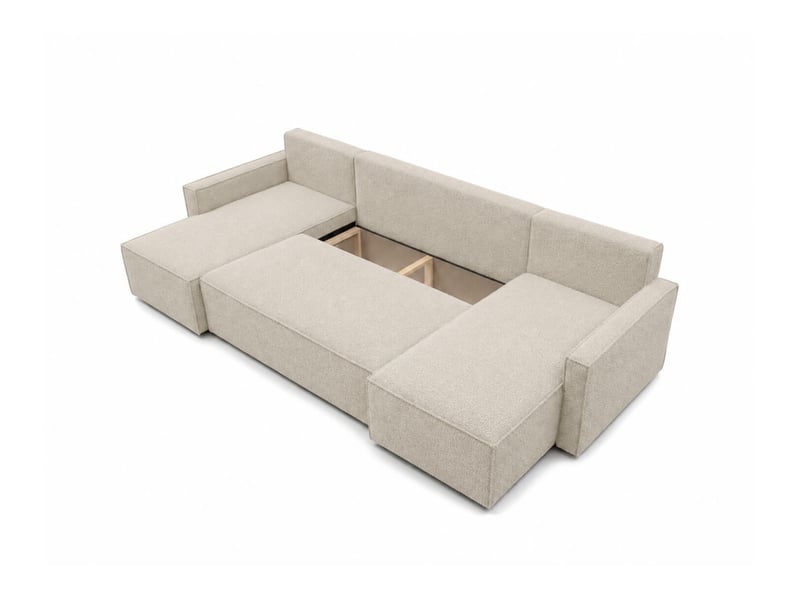  Farah - canapé d'angle panoramique convertible 6 places accoudoirs slim en tissu bouclettes texturées  - Conforama D