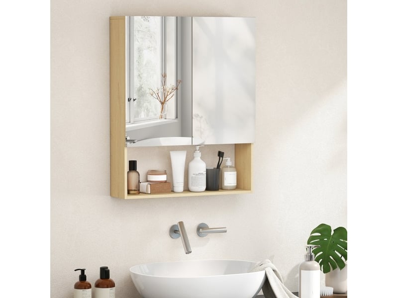  Armoire de salle de bains murale à portes miroir 60x16,6x75 cm rangement ouvert mdf panneau de particules chêne  - Conforama C