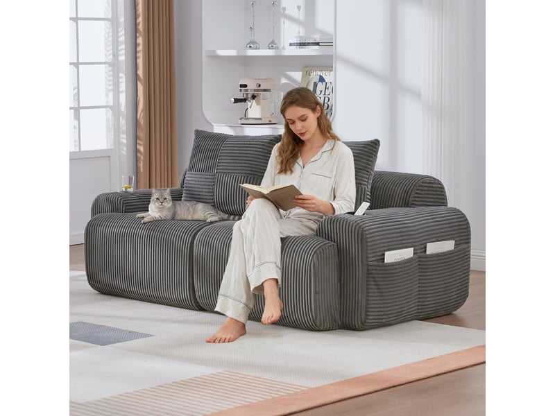 Canapé modulable, canapé de salon – en velours tricoté, porte-gobelets, gris foncé - Conforama R