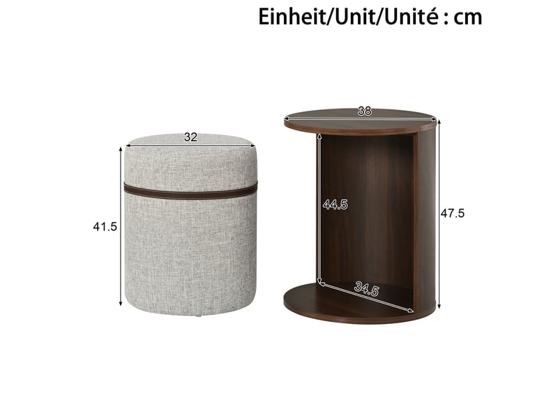 Table basse ronde avec tabouret rembourré encastrable en mdf et pin, noyer, pour salon et chambre, 38 × 38 × 47,5 cm - Conforama D