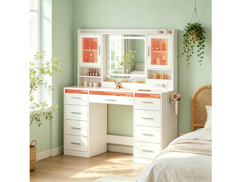  Coiffeuse moderne avec miroir et éclairage led, plateau en verre trempé, grand espace de rangement, blanche  - Conforama B