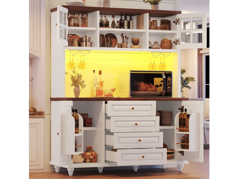  Buffet de cuisine haut avec étagères à led, 4 tiroirs et porte-verres pour cuisine, blanc, 140 × 40 × 179,5 cm  - Conforama C