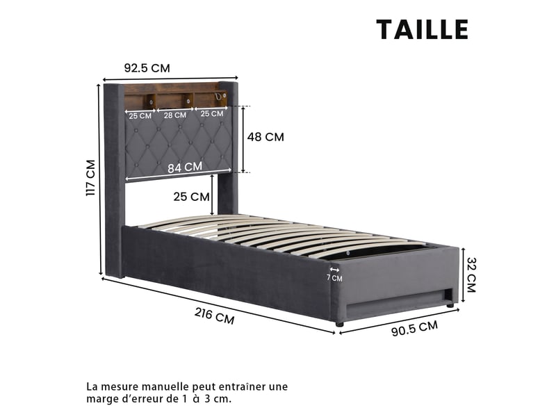  Lit coffre 90x200 cm avec rangement, led et usb, velours gris foncé  - Conforama C