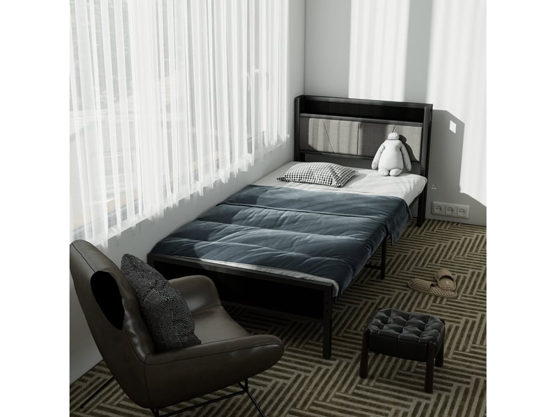 Lit 90x200 cm avec usb, lattes métalliques robustes, silencieux et facile à assembler,noir  - Conforama W