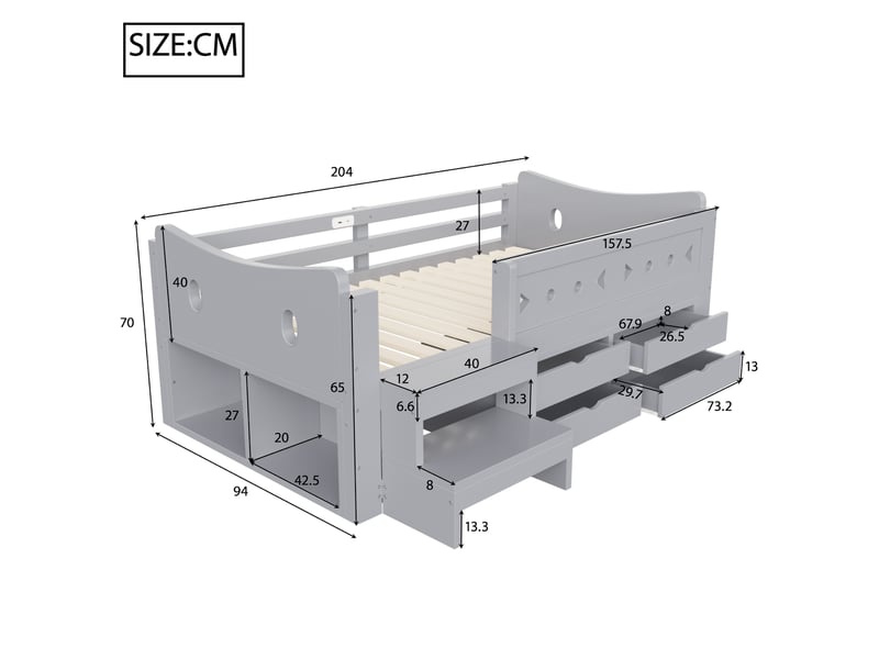  Lit enfant 90 x 200 cm gris avec rangements, tiroirs, led et ports usbtype-c  - Conforama E