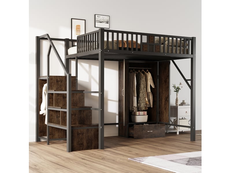  Lit mezzanine 140x200 cm avec armoire et rangements, coloris noir  - Conforama B