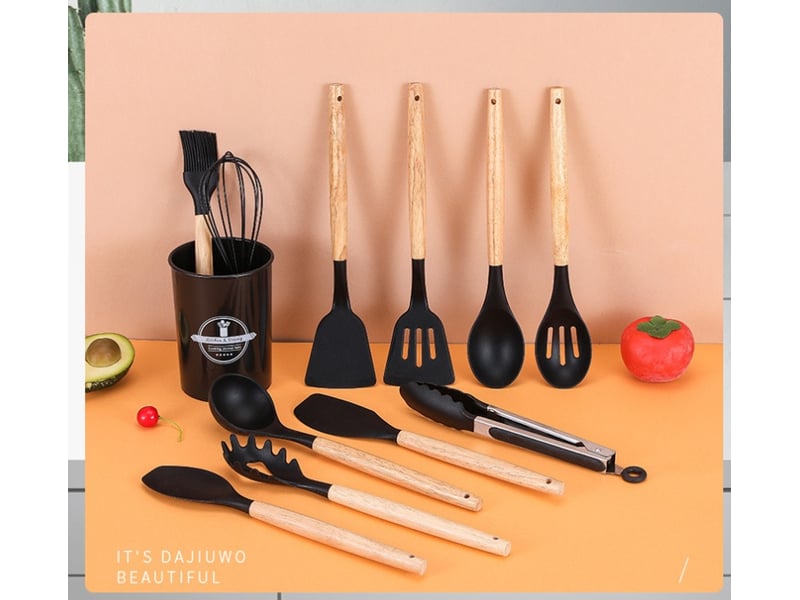 Ensemble de 12 ustensiles de cuisine en silicone – résistants à la chaleur et anti-adhésifs, noir - Conforama B