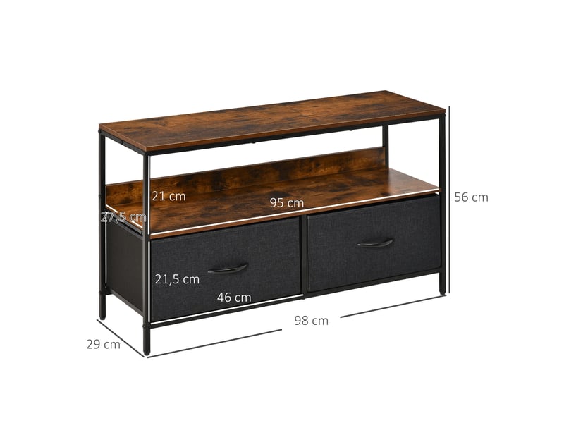  Meuble tv bas sur pieds style industriel 2 tiroirs en tissu gris mdf marron rustique et noir métal  - Conforama C