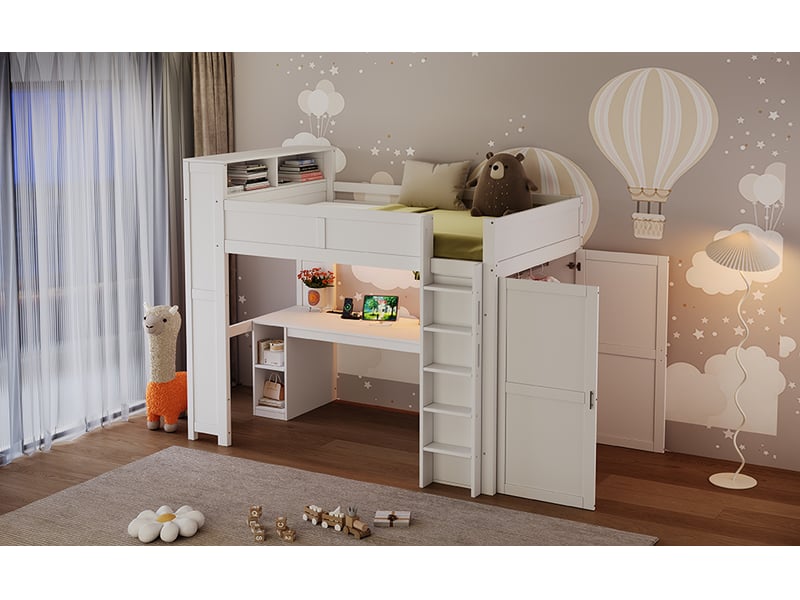  Lit mezzanine 90 x 200 cm, lit enfant surélevé, placard intégré, bureau intégré, étagères ouvertes, éclairage led, échelle, bois massif, blanc Morn Vibe - Conforama E