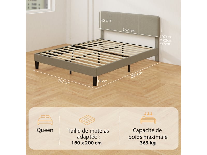 Cadre de lit 160 x 200 cm, sommier à lattes en bois, tête de lit réglable, lit double rembourré en velours côtelé, gris - Conforama C