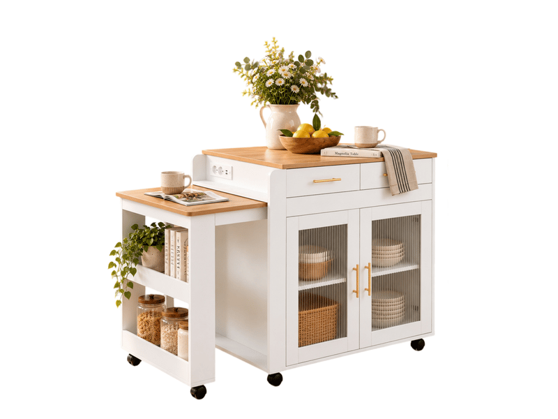 Îlot de cuisine extensible avec 2 portes, 2 tiroirs, roulettes et prises pour 2 à 4 personnes en cuisine, blanc - Conforama A