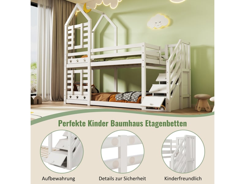  Lit superposé cabane 90x200 cm avec tiroirs et escalier de rangement, sommier à lattes inclus, bois blanc  - Conforama D