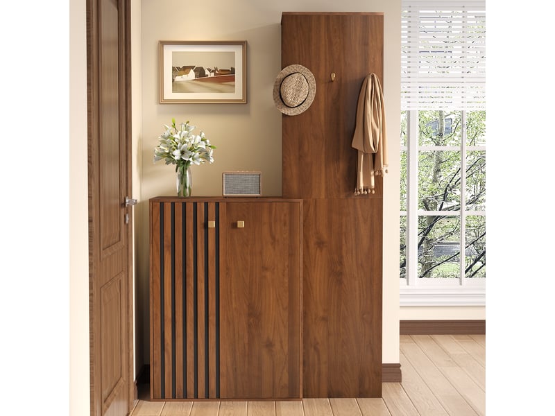 Armoire d’entrée compacte 115 x 38,5 x 191,5 cm avec rangement chaussures et penderie, meuble d’entrée, mdf, noyer  - Conforama D