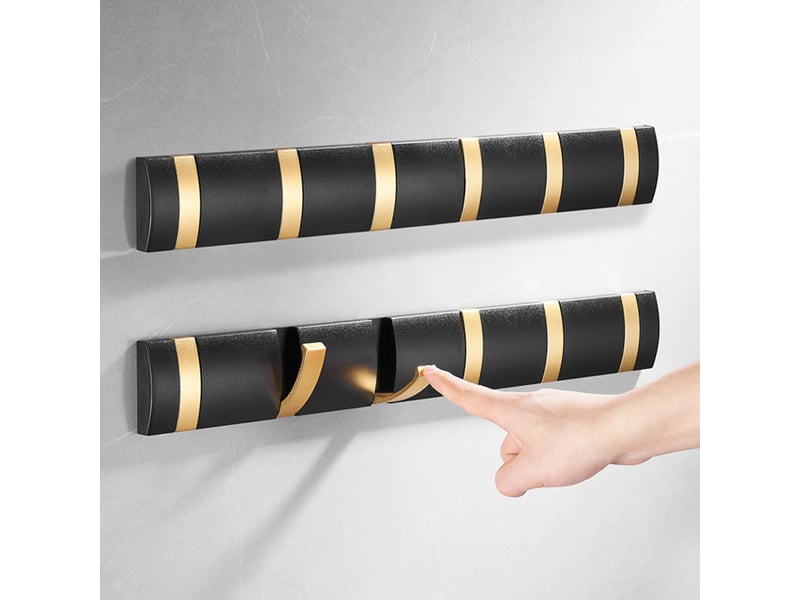 Porte-manteau mural pliable à 6 crochets, patère noire et dorée moderne, design gain de place pour vêtements, salle de bain et entrée de maison - Conforama E