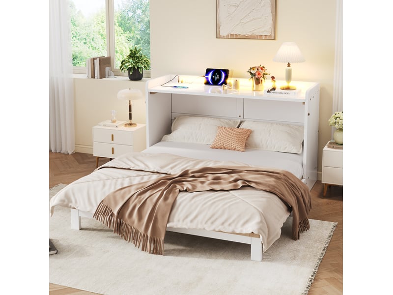  Lit escamotable 140 x 200 cm avec tiroirs, led, usb et prise de charge, blanc  - Conforama B