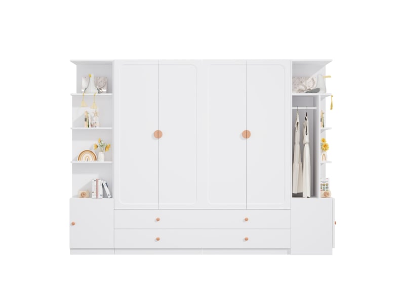  Armoire 6 portes blanche 270 x 45 x 200 cm avec 4 tringles et 4 tiroirs  - Conforama A