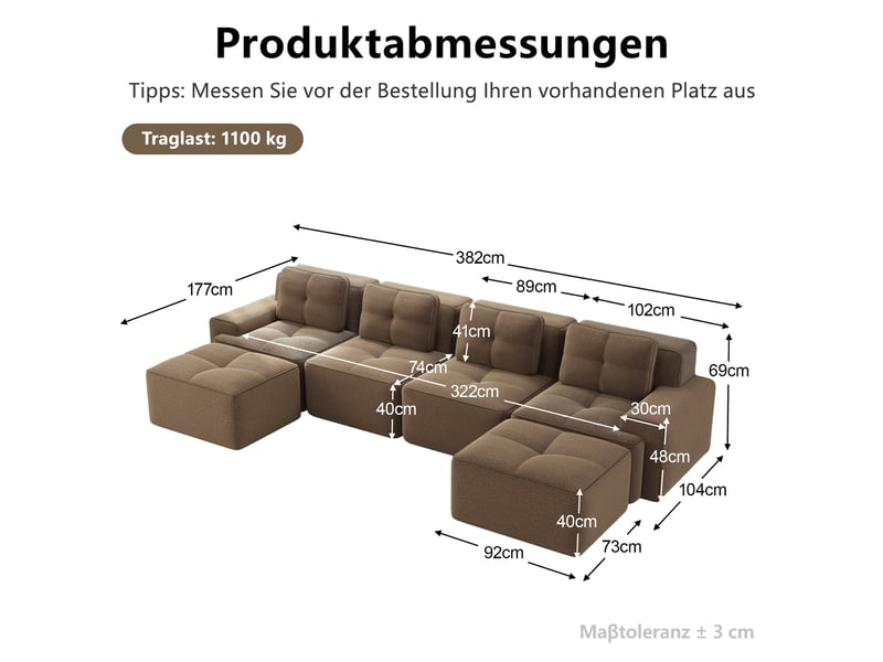  Canapé d'angle, canapé modulable – forme u, en velours tricoté, avec méridienne, sans montage, sans cadre, base antidérapante, marron, style cloud  - Conforama E