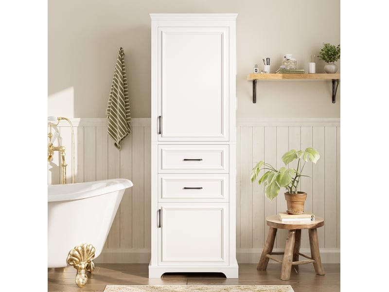 Armoire salle de bain 60x40x180 cm, 2 tiroirs et 2 portes, armoire de rangement, design moderne, en mdf, blanc - Conforama B