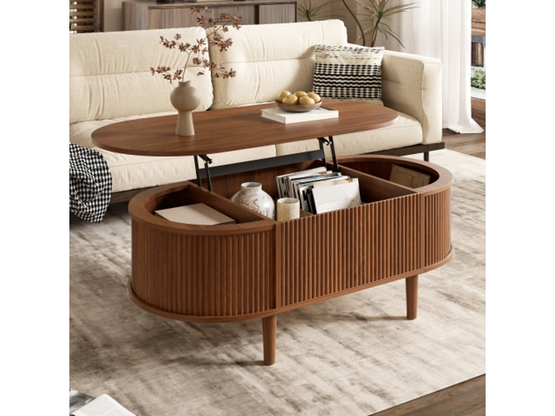  Table basse ovale noyer avec plateau relevable et rangement compartimenté design ondulé 100x48x54,5 cm  - Conforama C