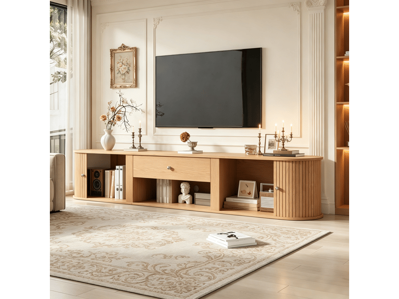 Meuble tv 180 cm pour écran jusqu’à 75 pouces, 2 portes à rideau rainurées, 1 tiroir, niche ouverte, coins arrondis, effet bois naturel - Conforama C